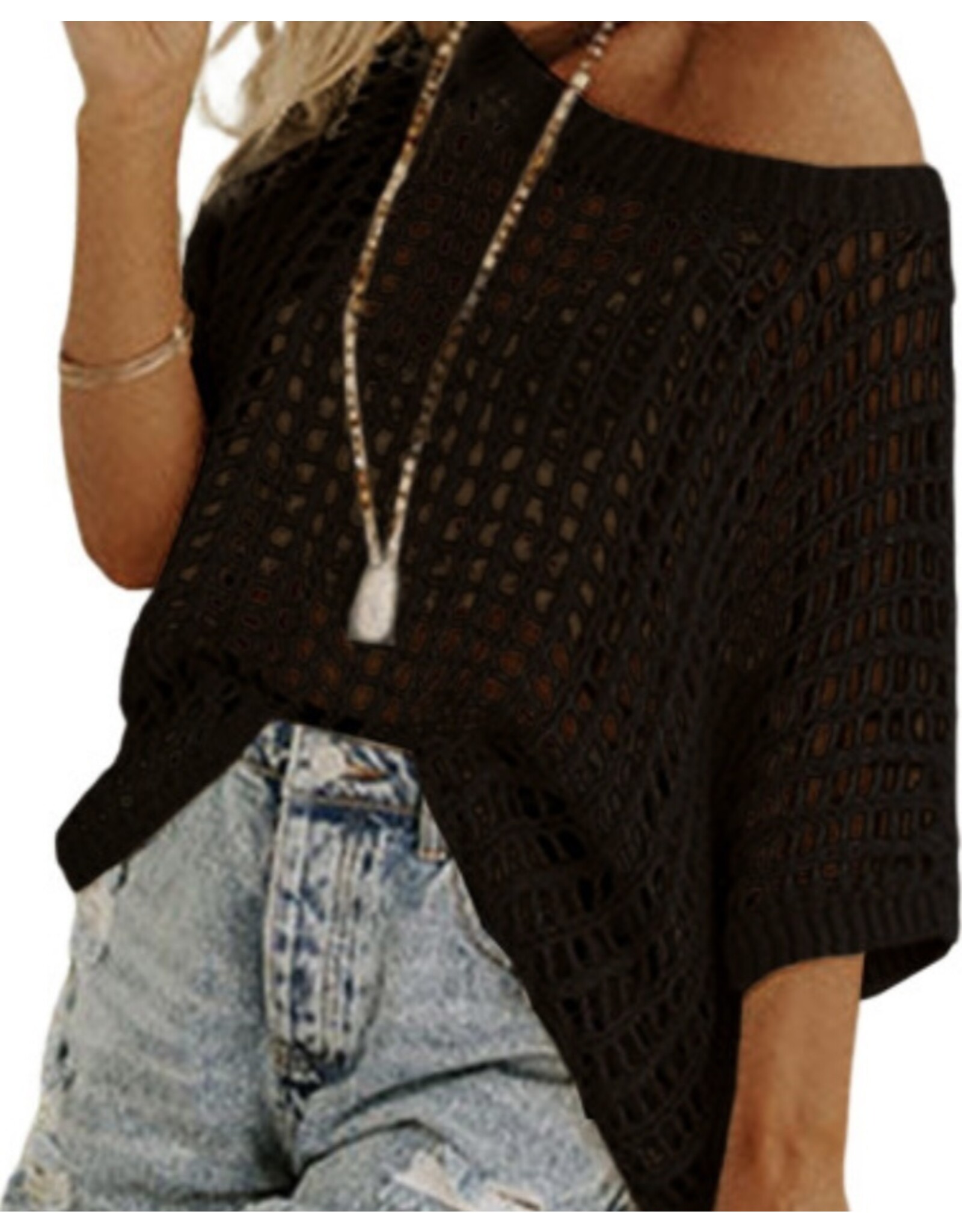 Fishnet Knit Short Sleeve Sweater