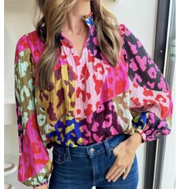 Rose Leopard Color Block Crinkle Blouse