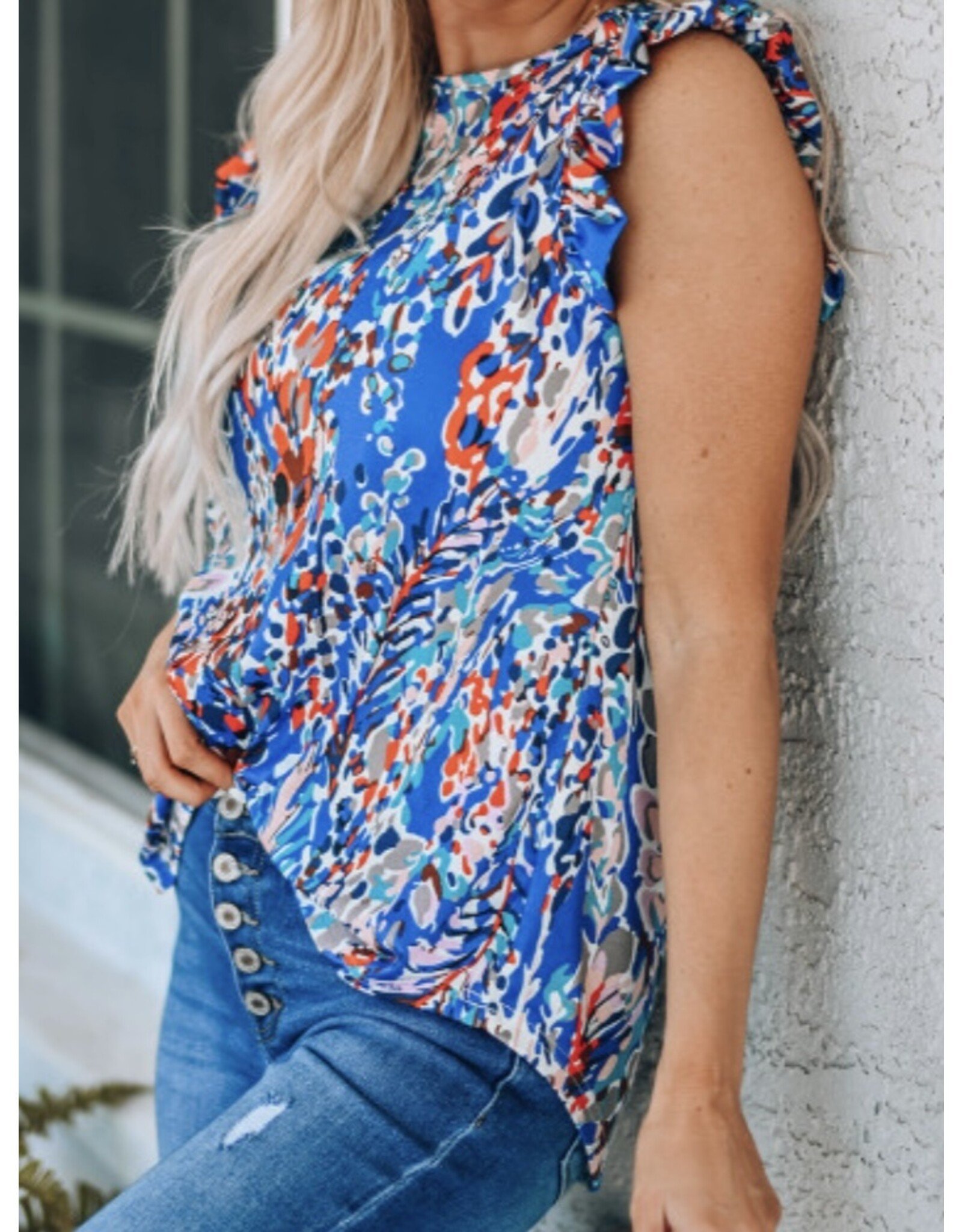 LATA Floral Print Tank Top with Ruffles