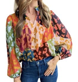 LATA Orange Leopard Patchwork Blouse