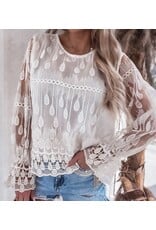 LATA Beige Embroidered Mesh Flounce Sleeve Blouse