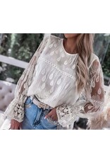 LATA Beige Embroidered Mesh Flounce Sleeve Blouse