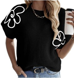 LATA Black Flower Embroidery Sweater Tee
