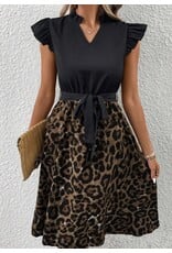 LATA Black Flutter Sleeve Leopard Dress