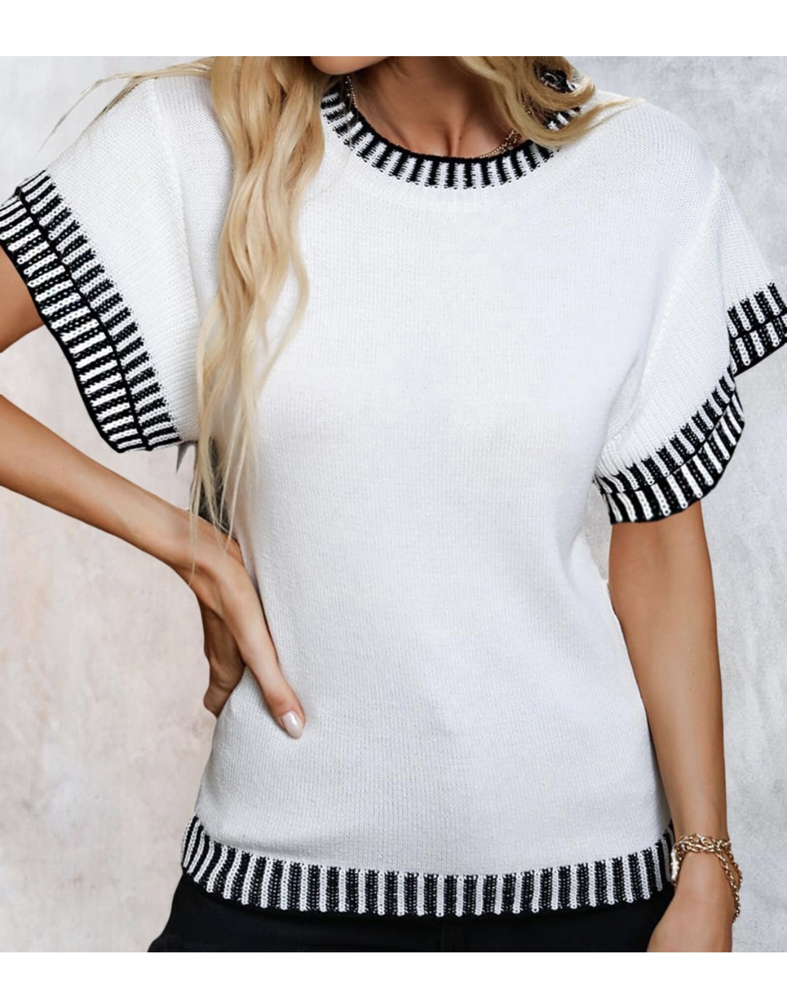 LATA White Contrast Batwing Slv Knit Top