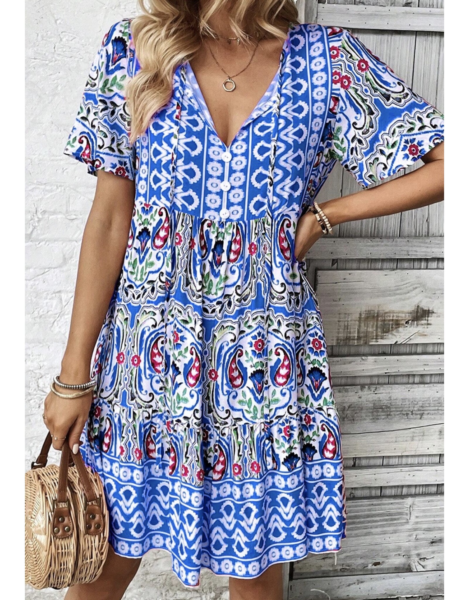 LATA Bohemian Print Ruffle Hem Short Dress