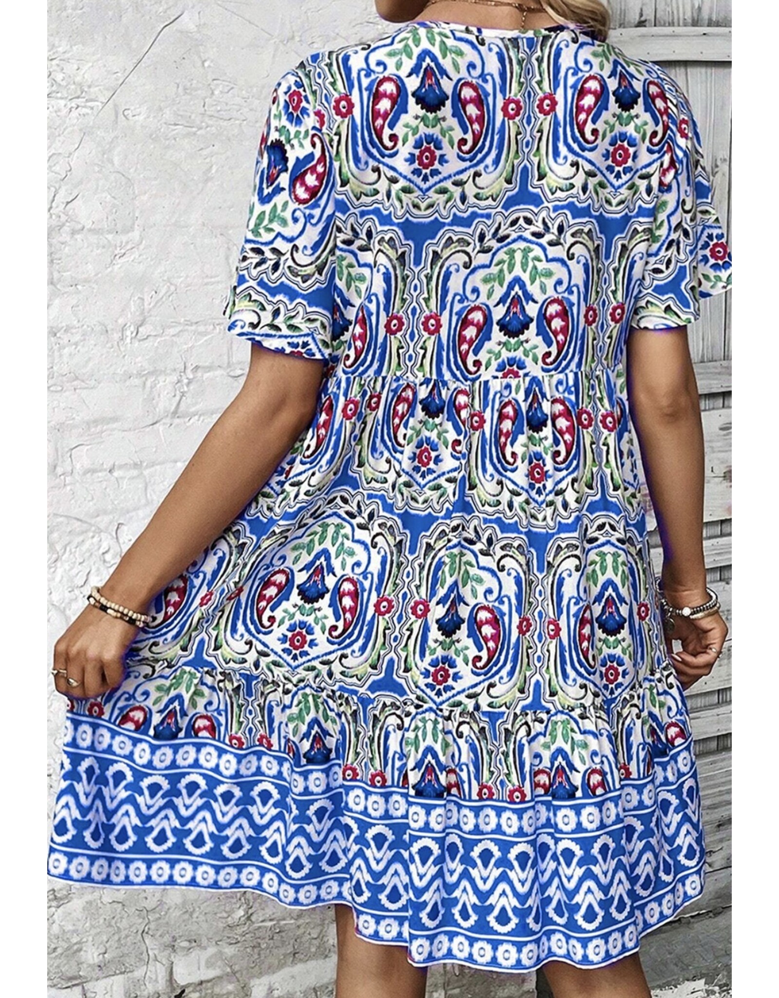 LATA Bohemian Print Ruffle Hem Short Dress