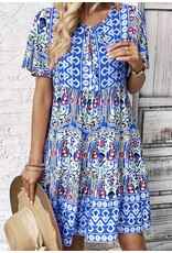 LATA Bohemian Print Ruffle Hem Short Dress