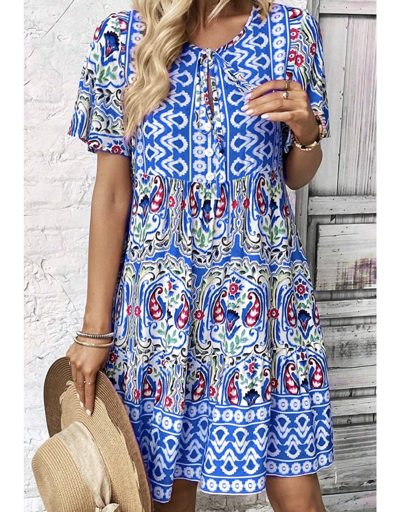 LATA Bohemian Print Ruffle Hem Short Dress