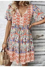 LATA Bohemian Print Ruffle Hem Short Dress