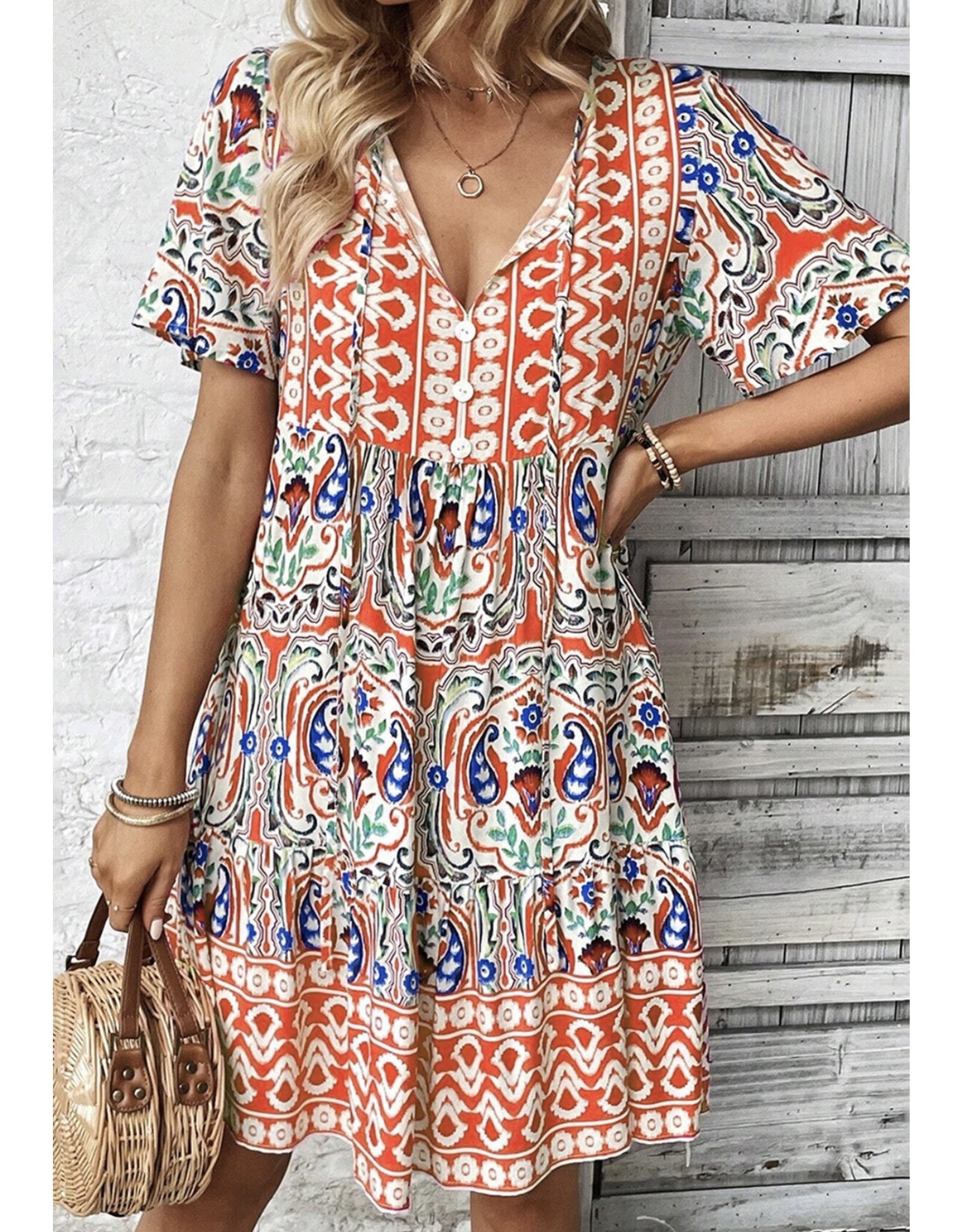 LATA Bohemian Print Ruffle Hem Short Dress