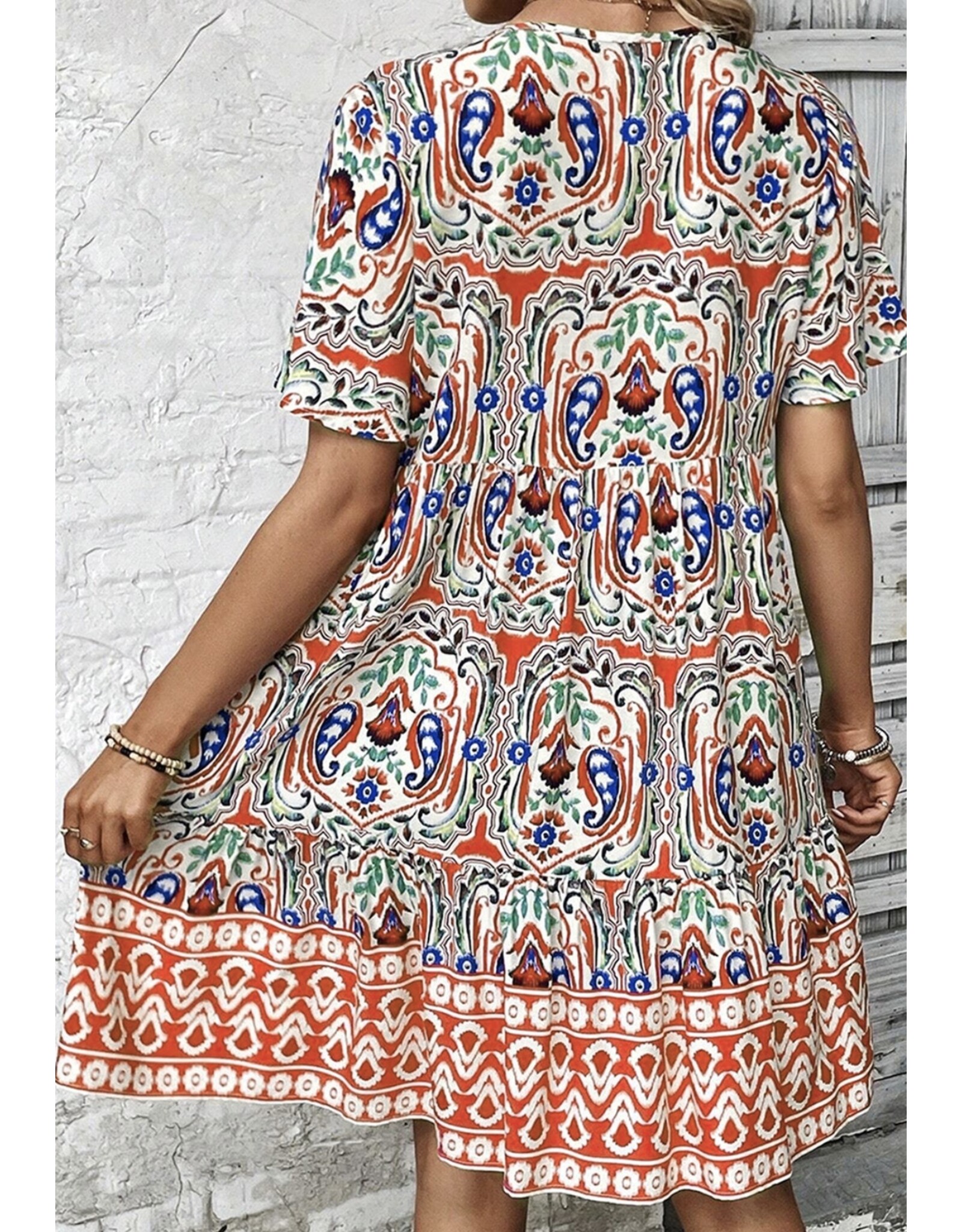 LATA Bohemian Print Ruffle Hem Short Dress