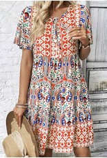 LATA Bohemian Print Ruffle Hem Short Dress