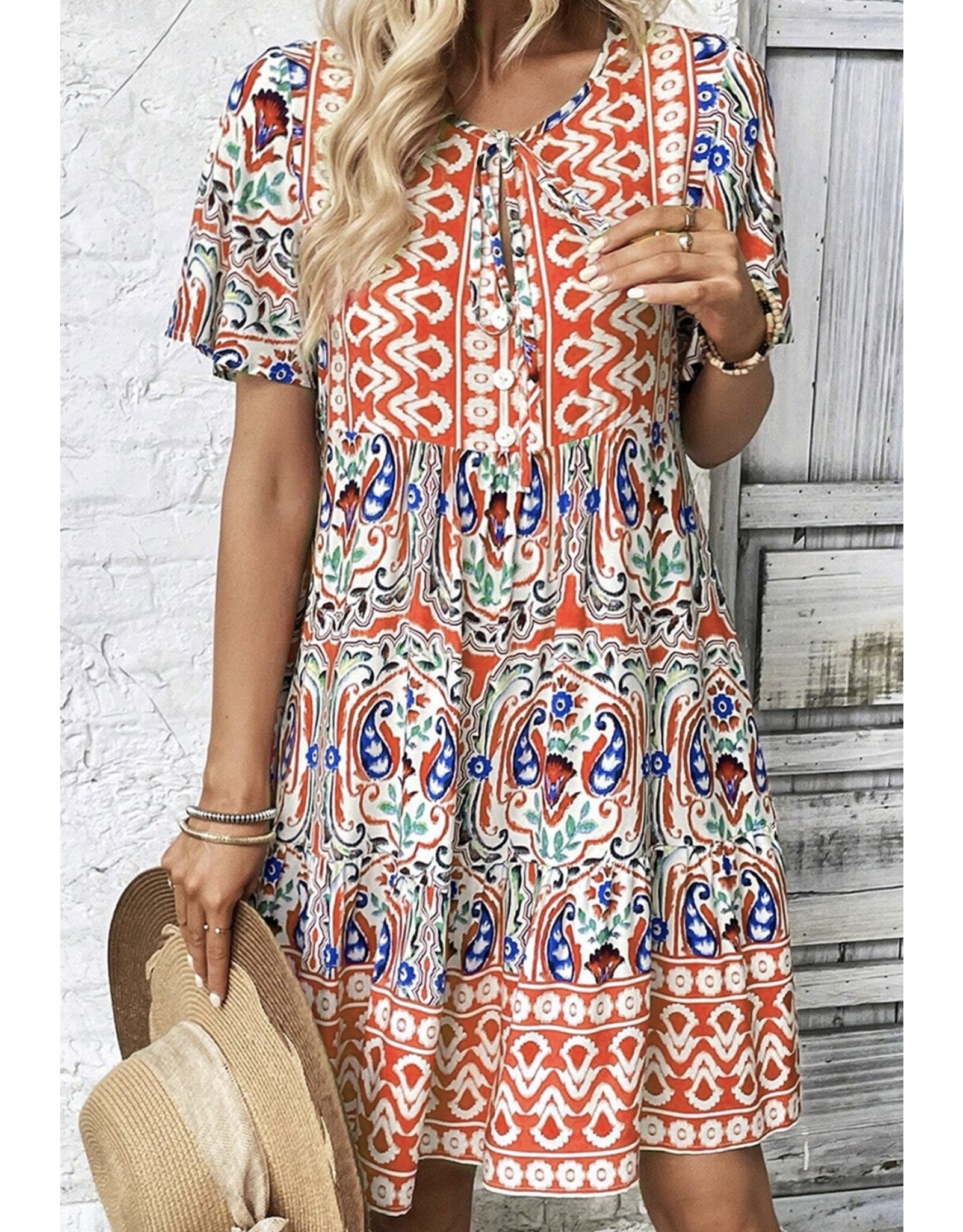 LATA Bohemian Print Ruffle Hem Short Dress