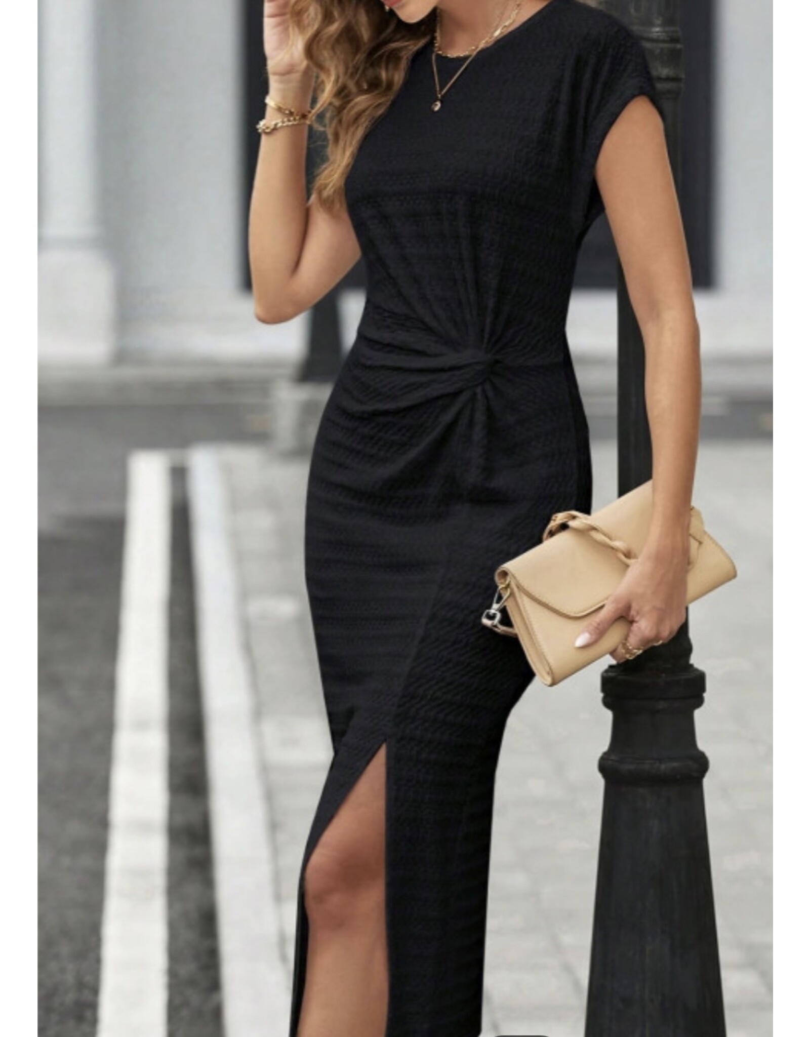 LATA Black Textured Short Sleeve Twist Midi Dress