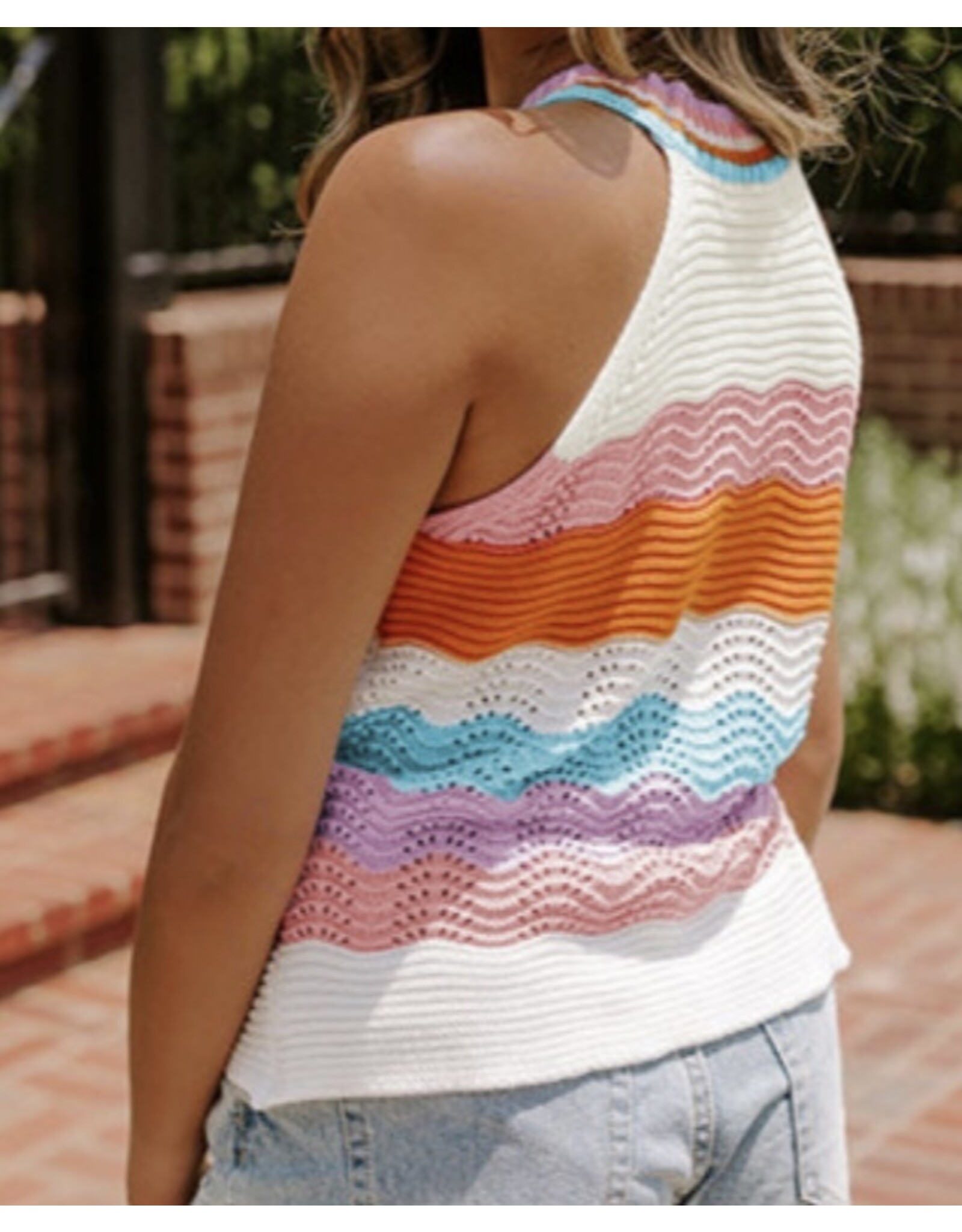 LATA Multicolour Wavy Knit Sleeveless Sweater Top