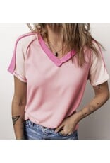 LATA Pink Seam Color Block Knitted V Neck T
