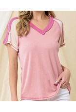 LATA Pink Seam Color Block Knitted V Neck T