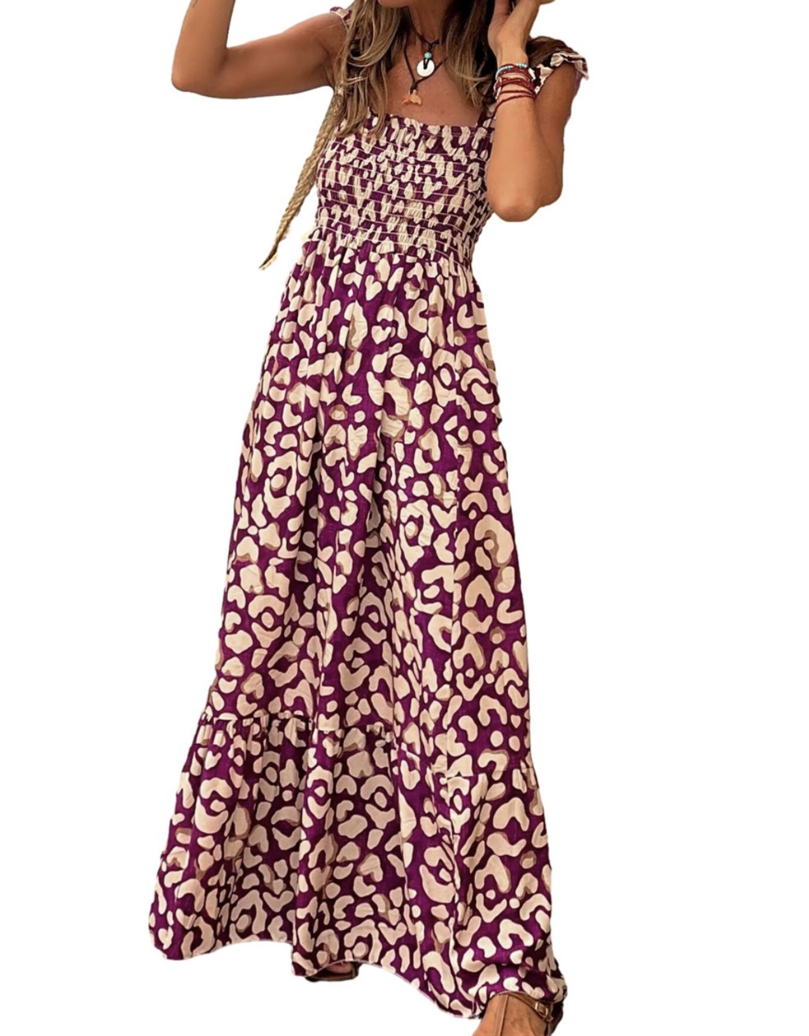 LATA Rose Leopard Smocked Dress