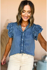 LATA Ruffled Flutter Fray Denim Top
