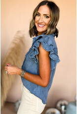 LATA Ruffled Flutter Fray Denim Top
