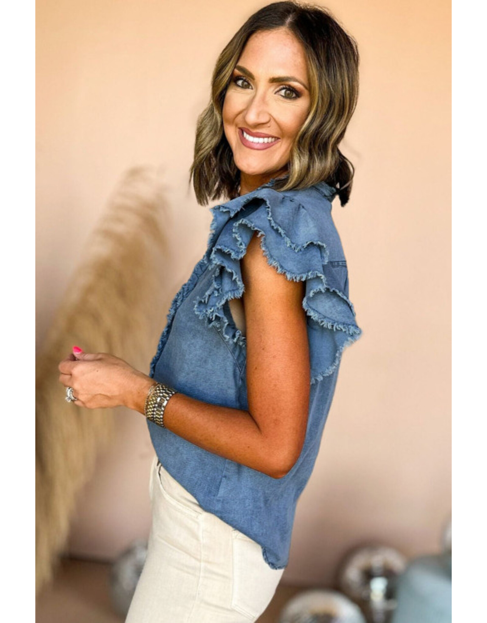LATA Ruffled Flutter Fray Denim Top
