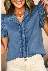 LATA Ruffled Flutter Fray Denim Top