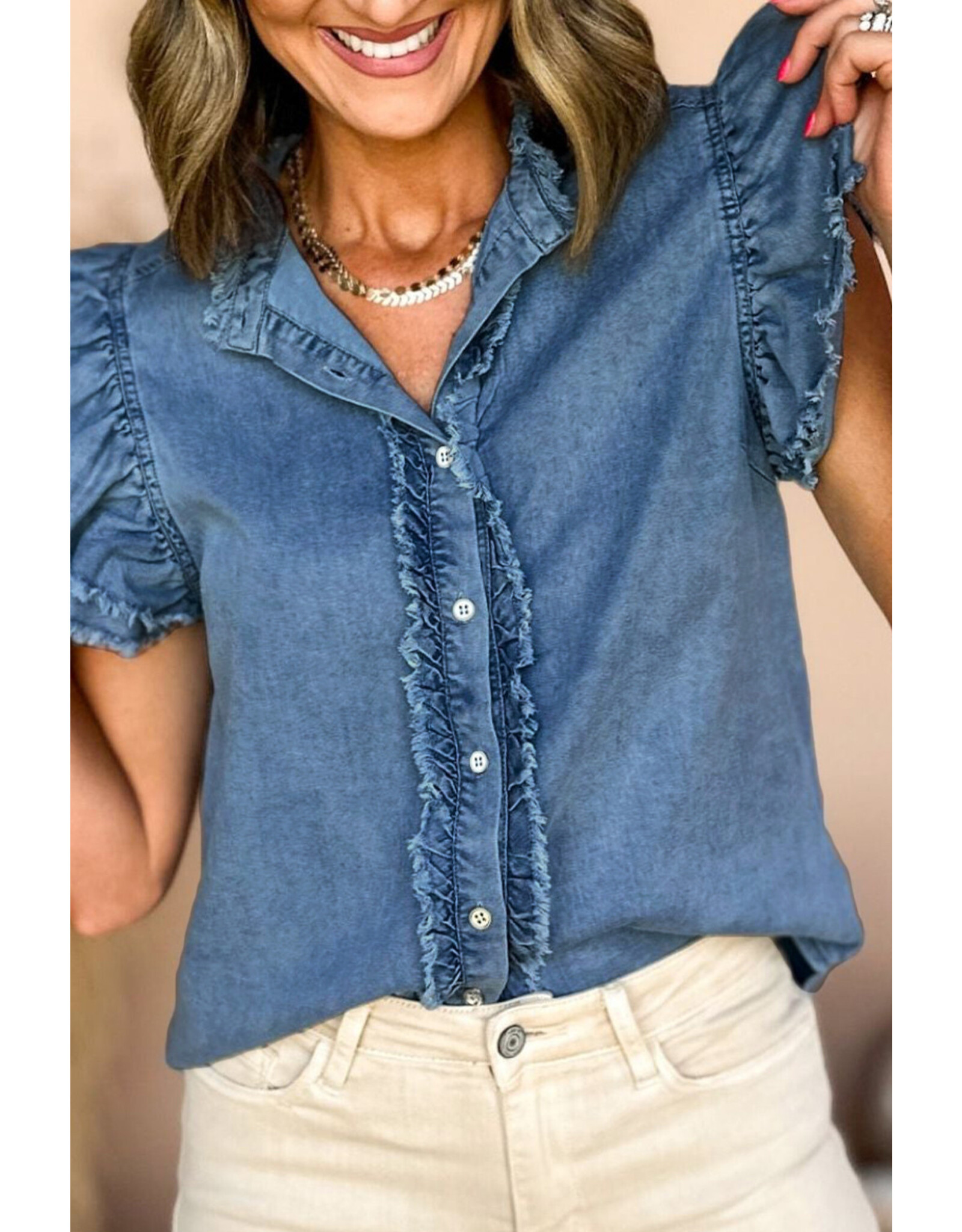 LATA Ruffled Flutter Fray Denim Top