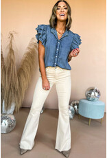 LATA Ruffled Flutter Fray Denim Top