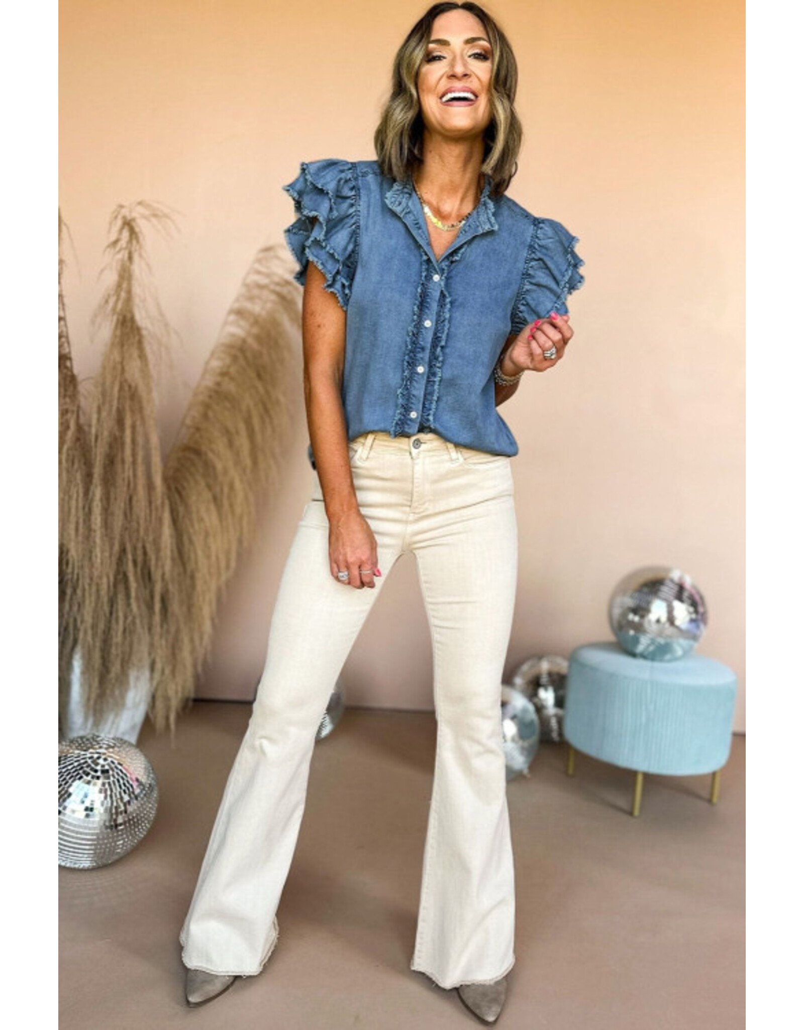 LATA Ruffled Flutter Fray Denim Top