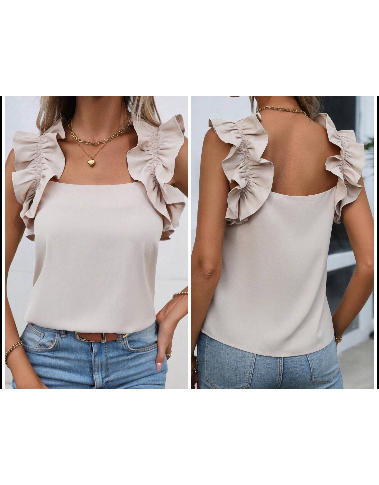 LATA Oatmeal Ruffle Sleeveless Top
