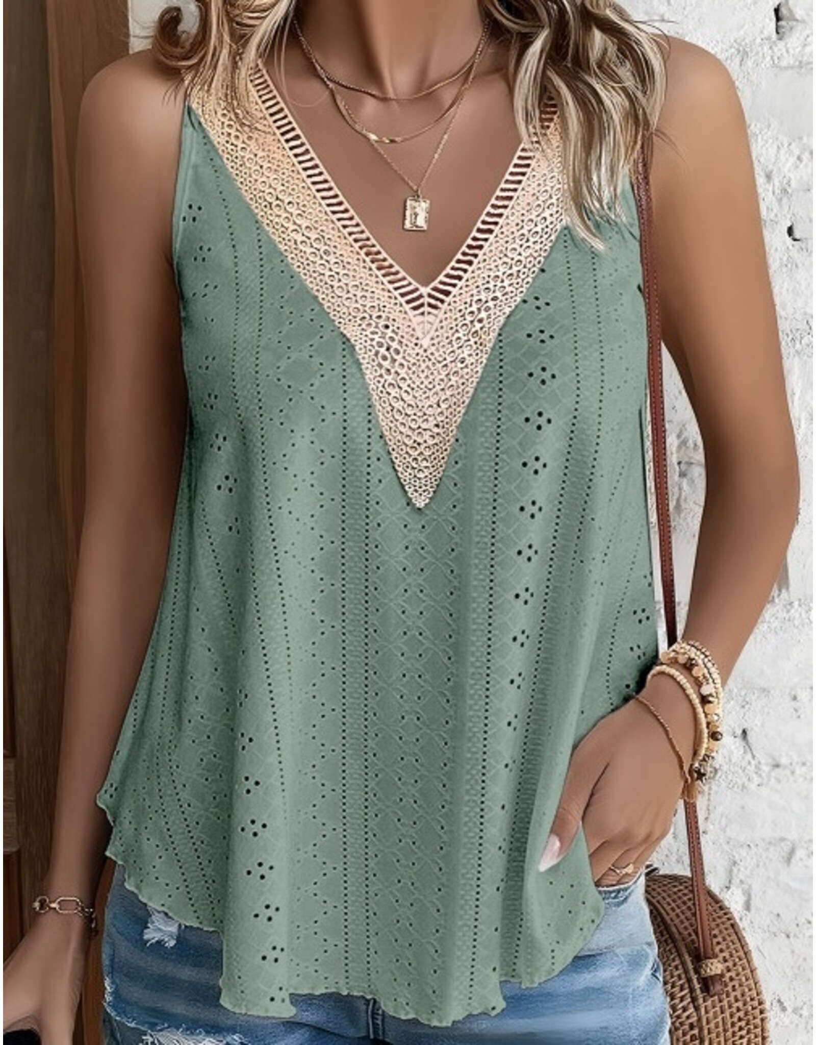 LATA Lace Crochet V Neck Tank