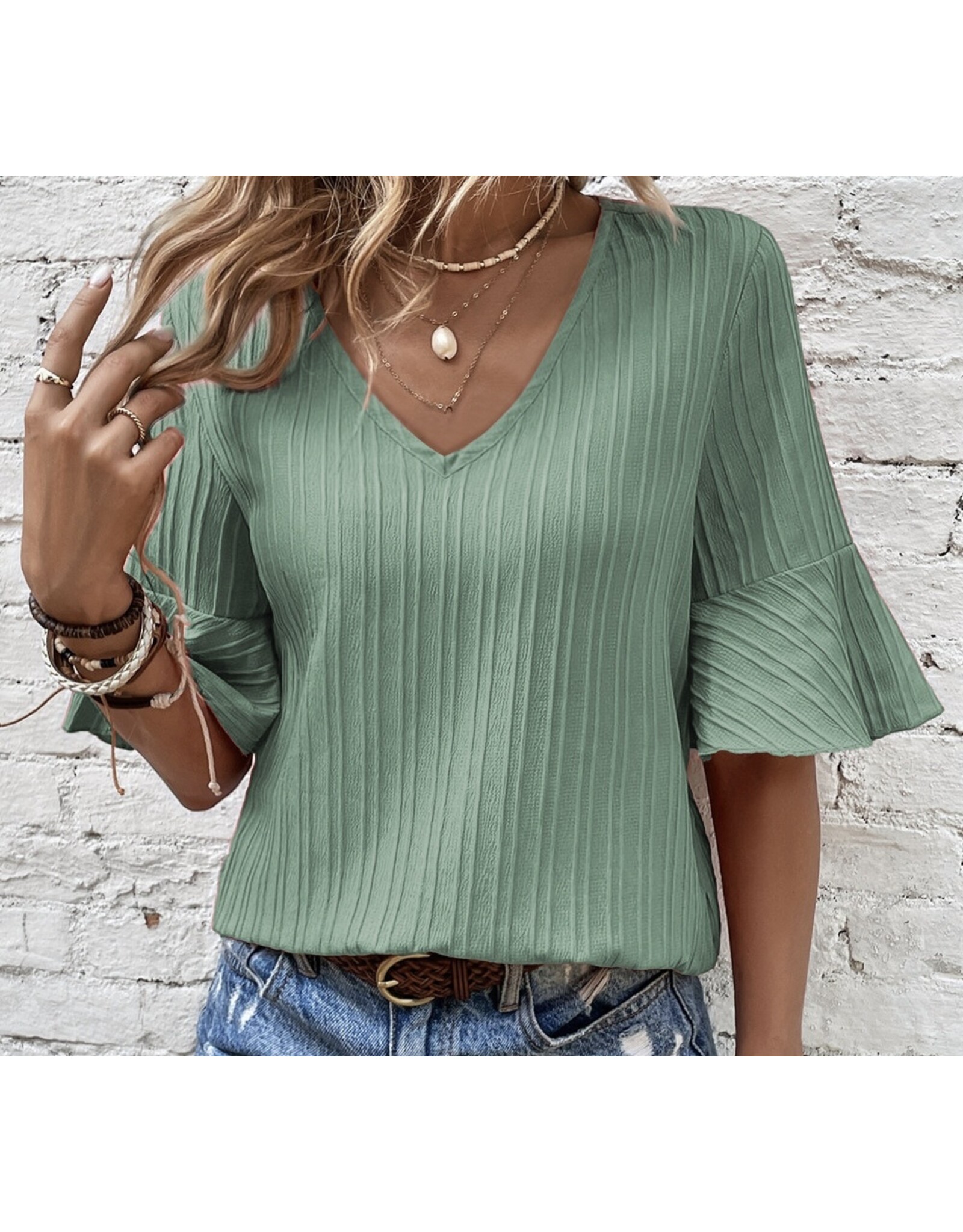 LATA Ruffled Half Sleeve V Neck Top