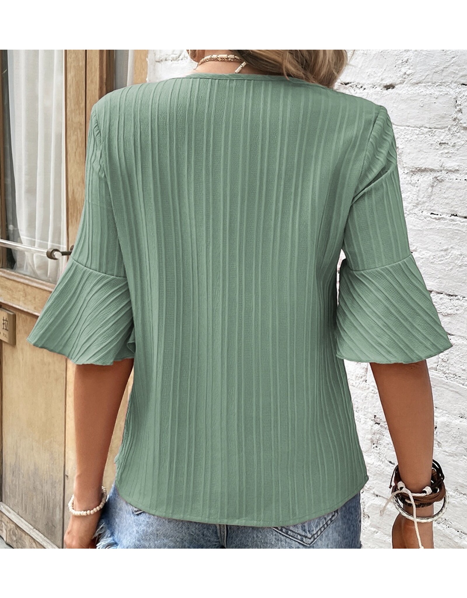 LATA Ruffled Half Sleeve V Neck Top