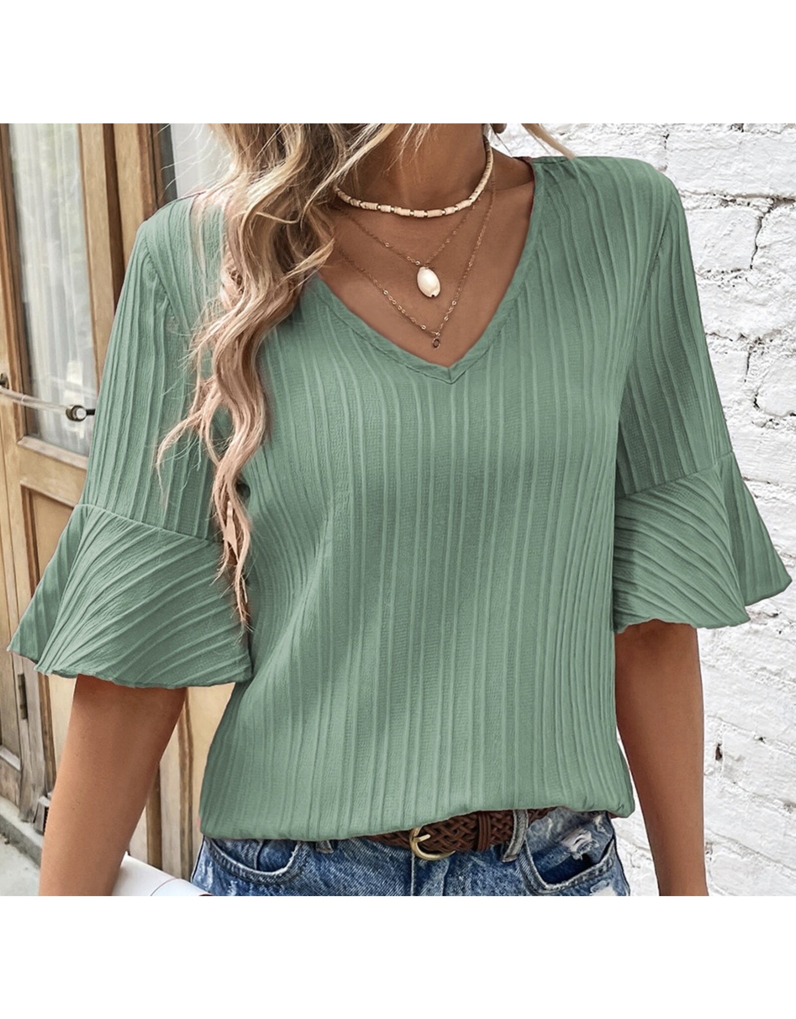 LATA Ruffled Half Sleeve V Neck Top