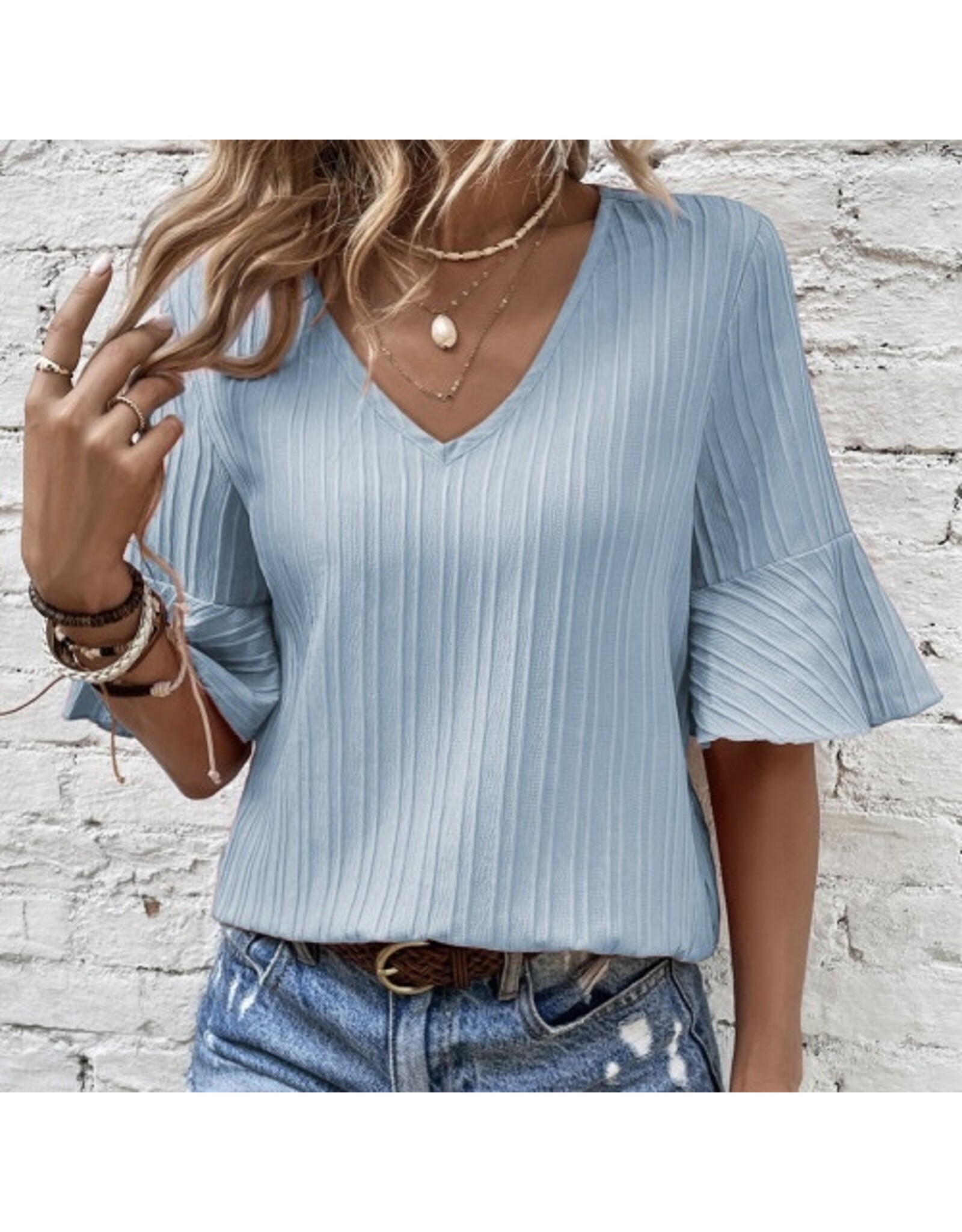 LATA Ruffled Half Sleeve V Neck Top