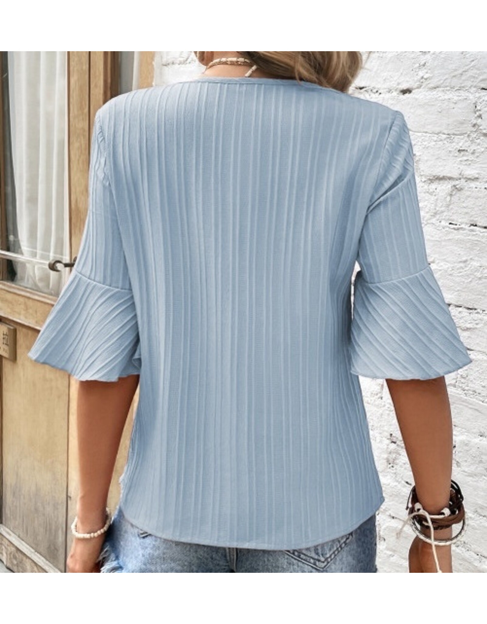LATA Ruffled Half Sleeve V Neck Top