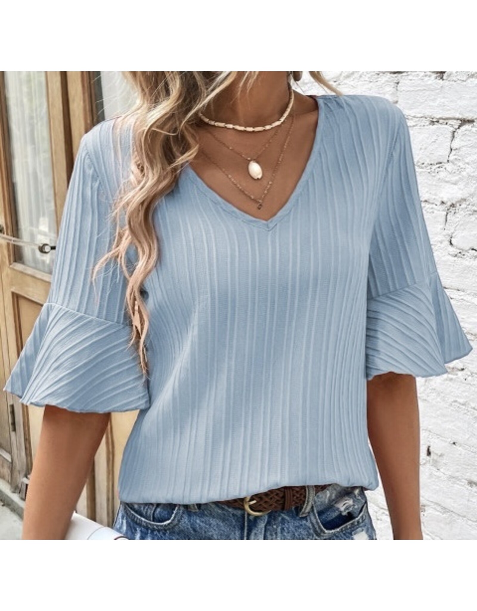 LATA Ruffled Half Sleeve V Neck Top
