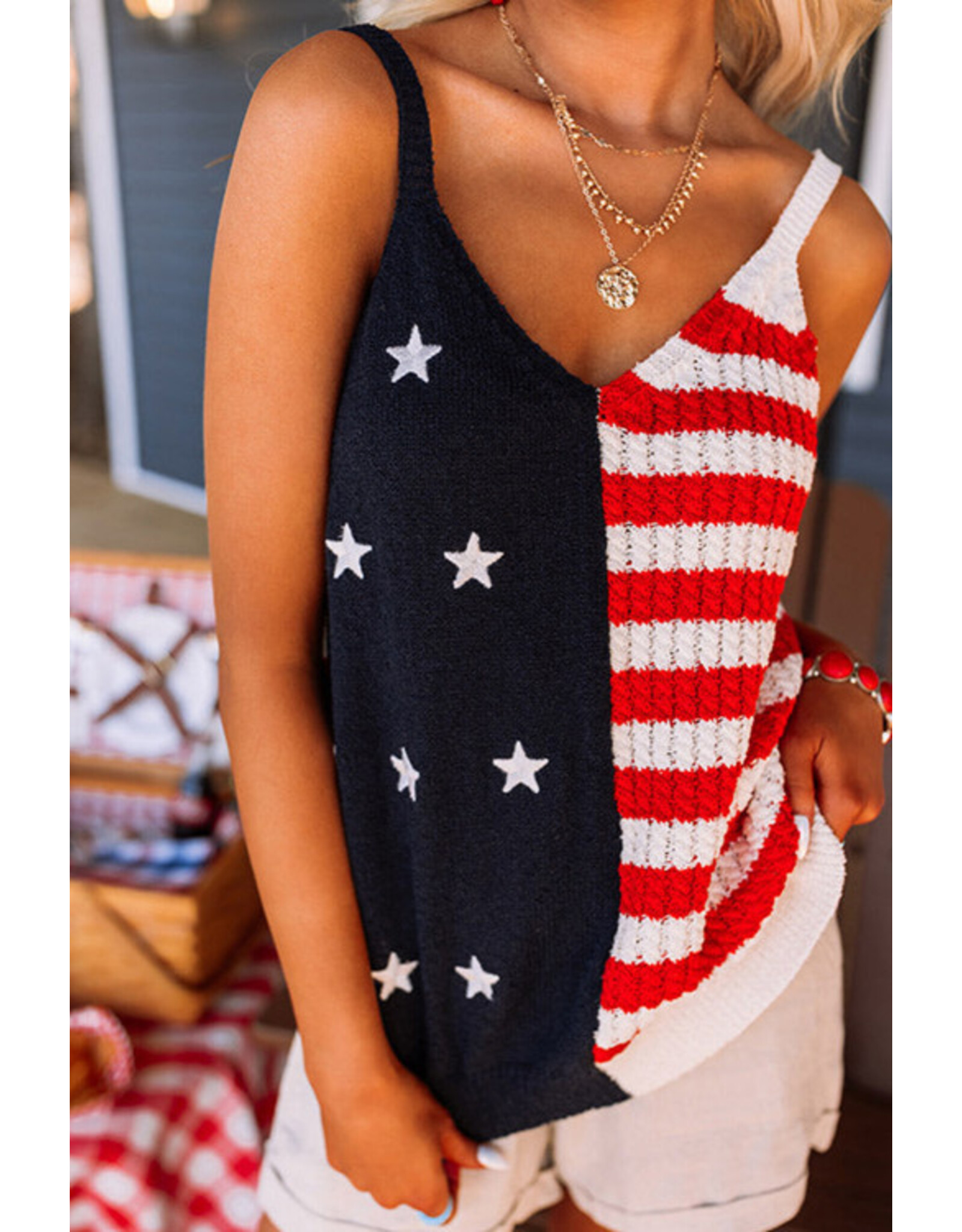 LATA Red Stars & Stripes Flag Pattern Knitted Tank
