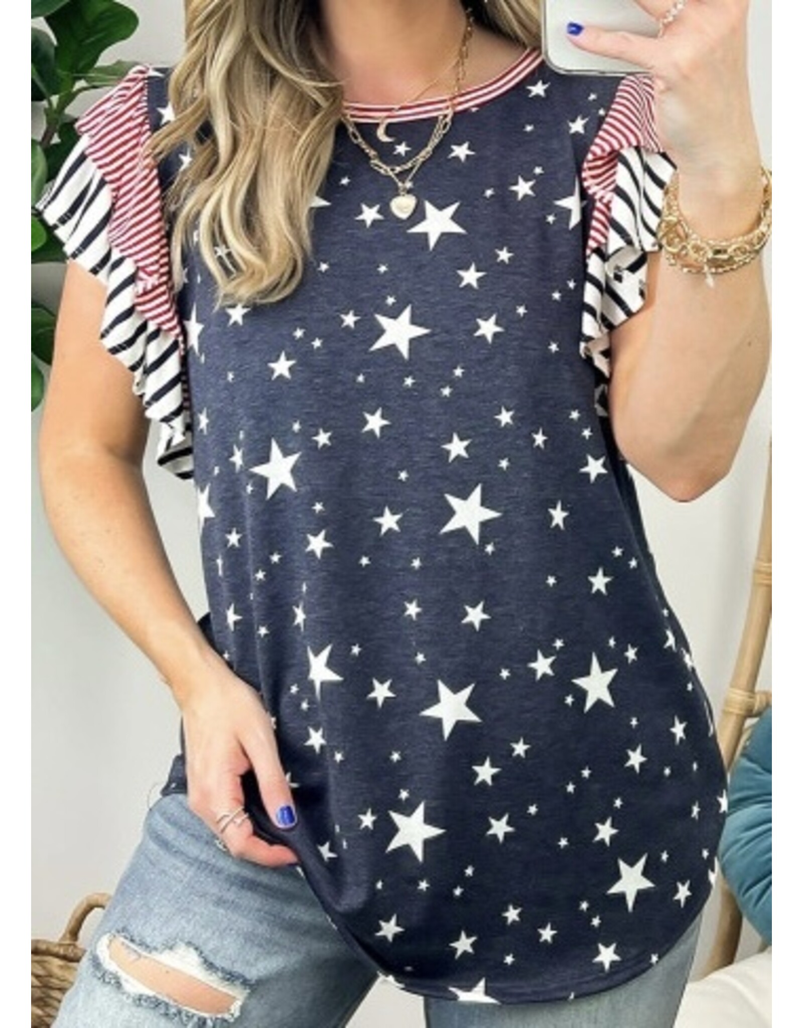 LATA Striped Ruffled Sleeve Star Tee