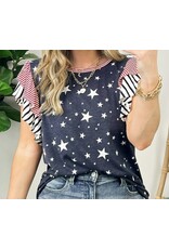 LATA Striped Ruffled Sleeve Star Tee