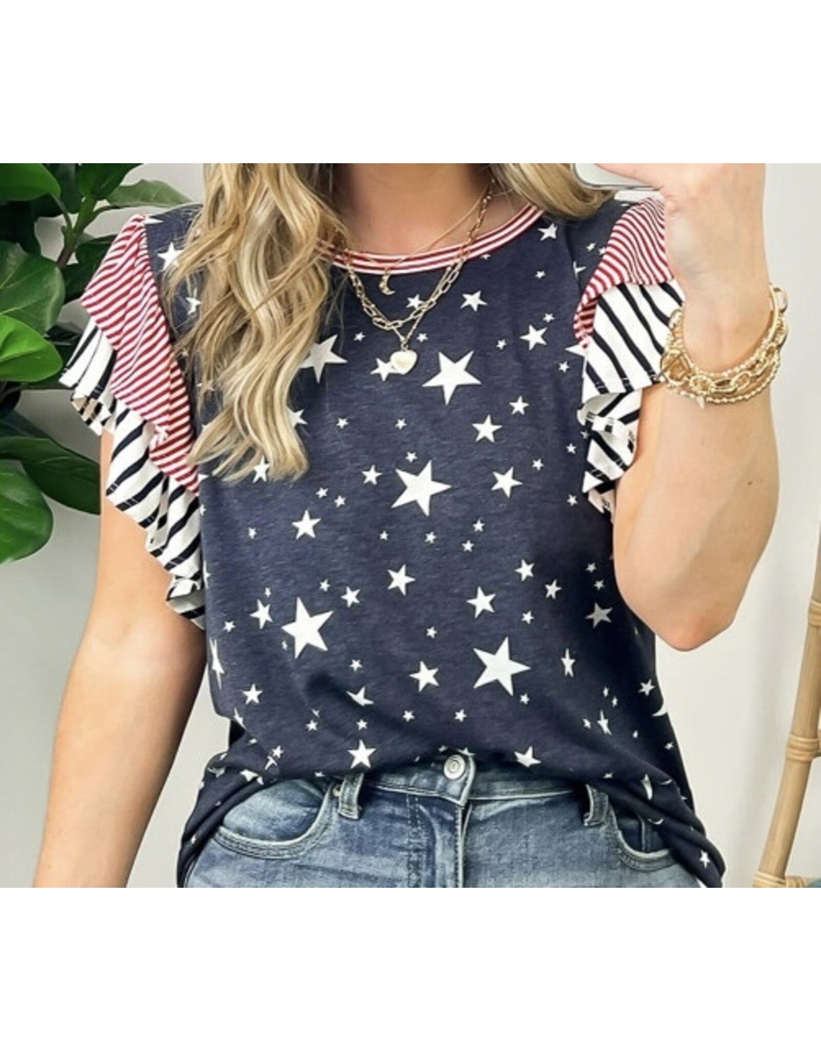 LATA Striped Ruffled Sleeve Star Tee