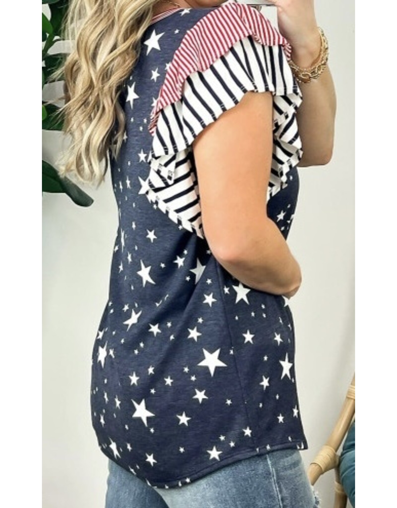LATA Striped Ruffled Sleeve Star Tee