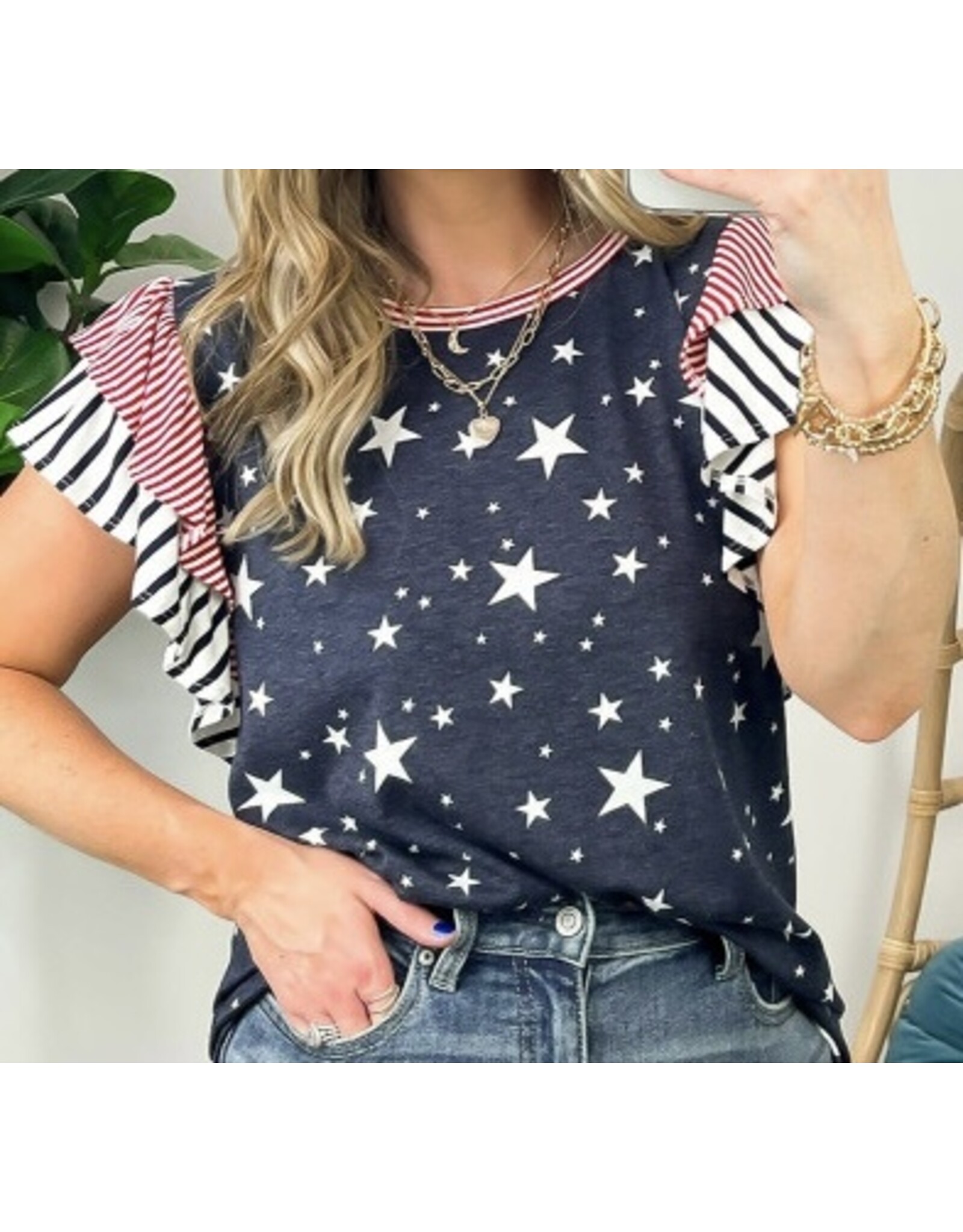 LATA Striped Ruffled Sleeve Star Tee