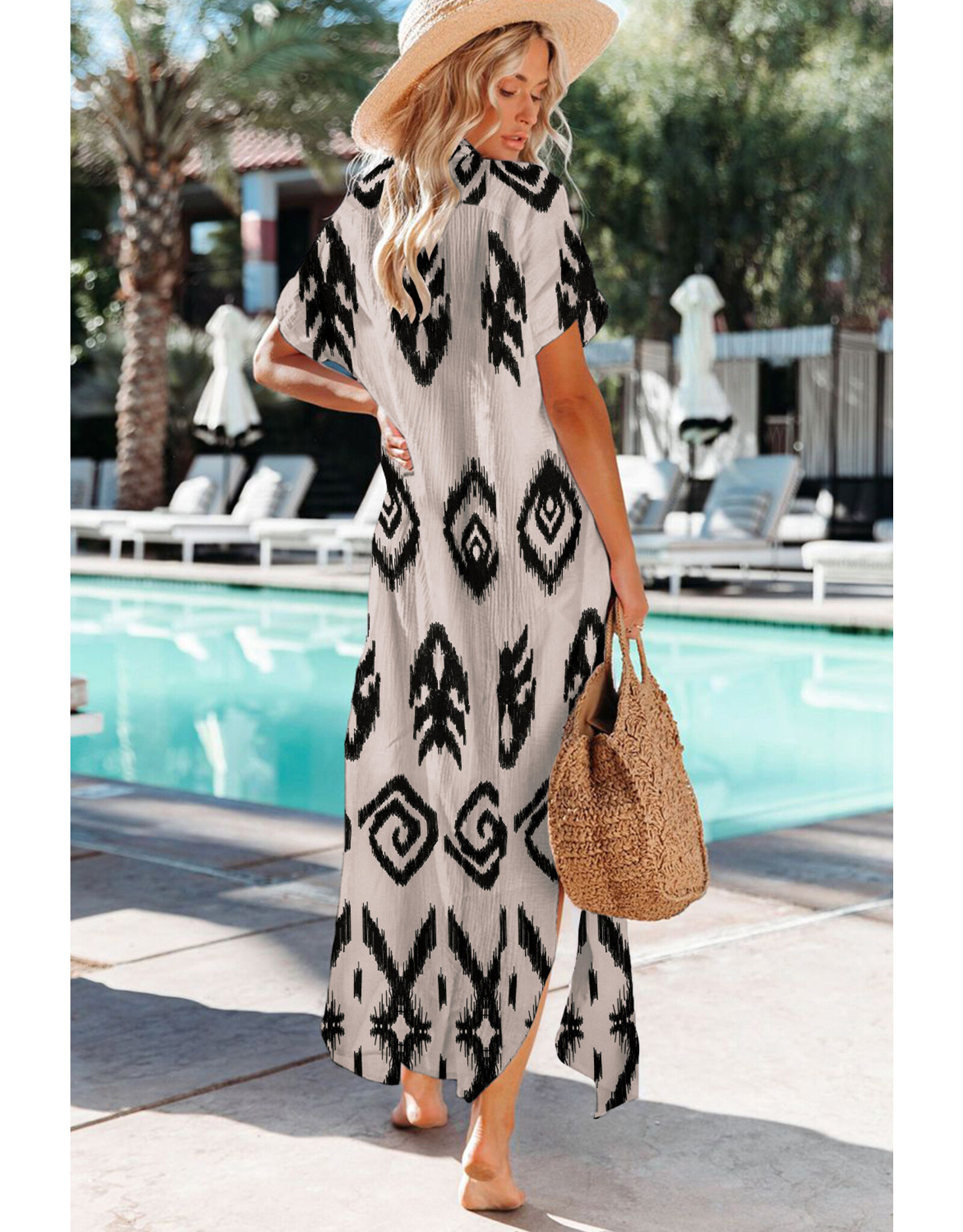 LATA Black Print Side Split Shirt Dress