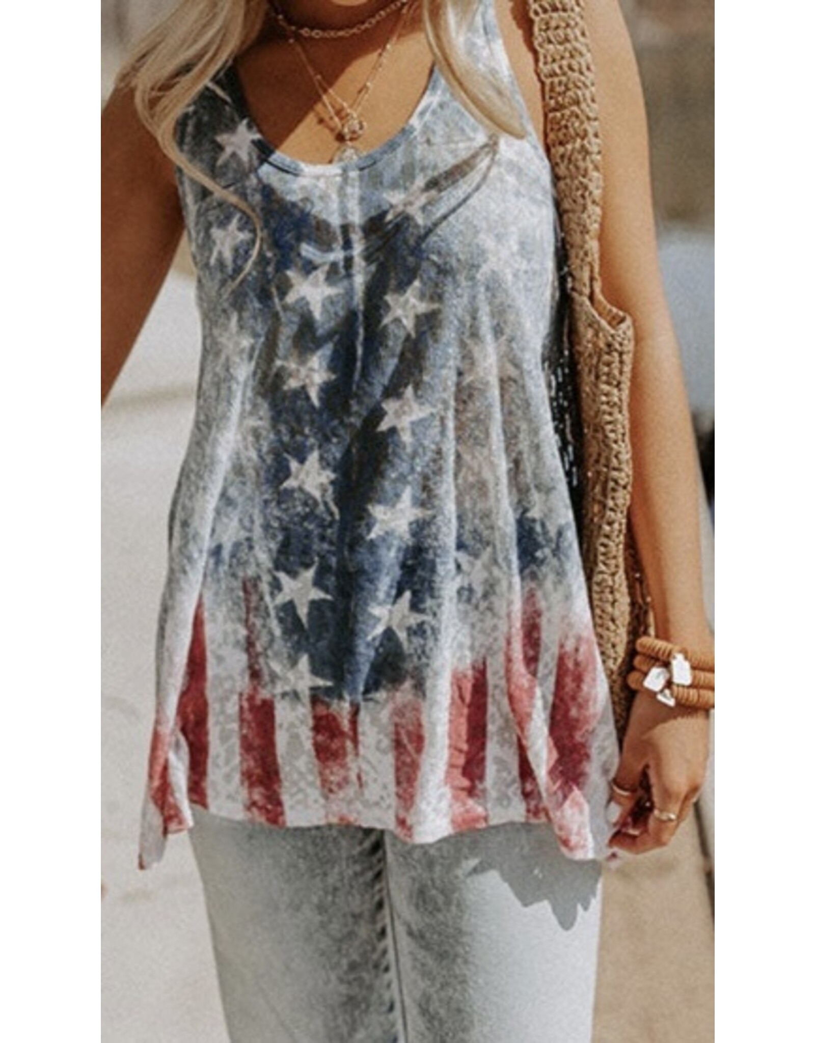 LATA Blue Vintage Wash Flag Tank Top