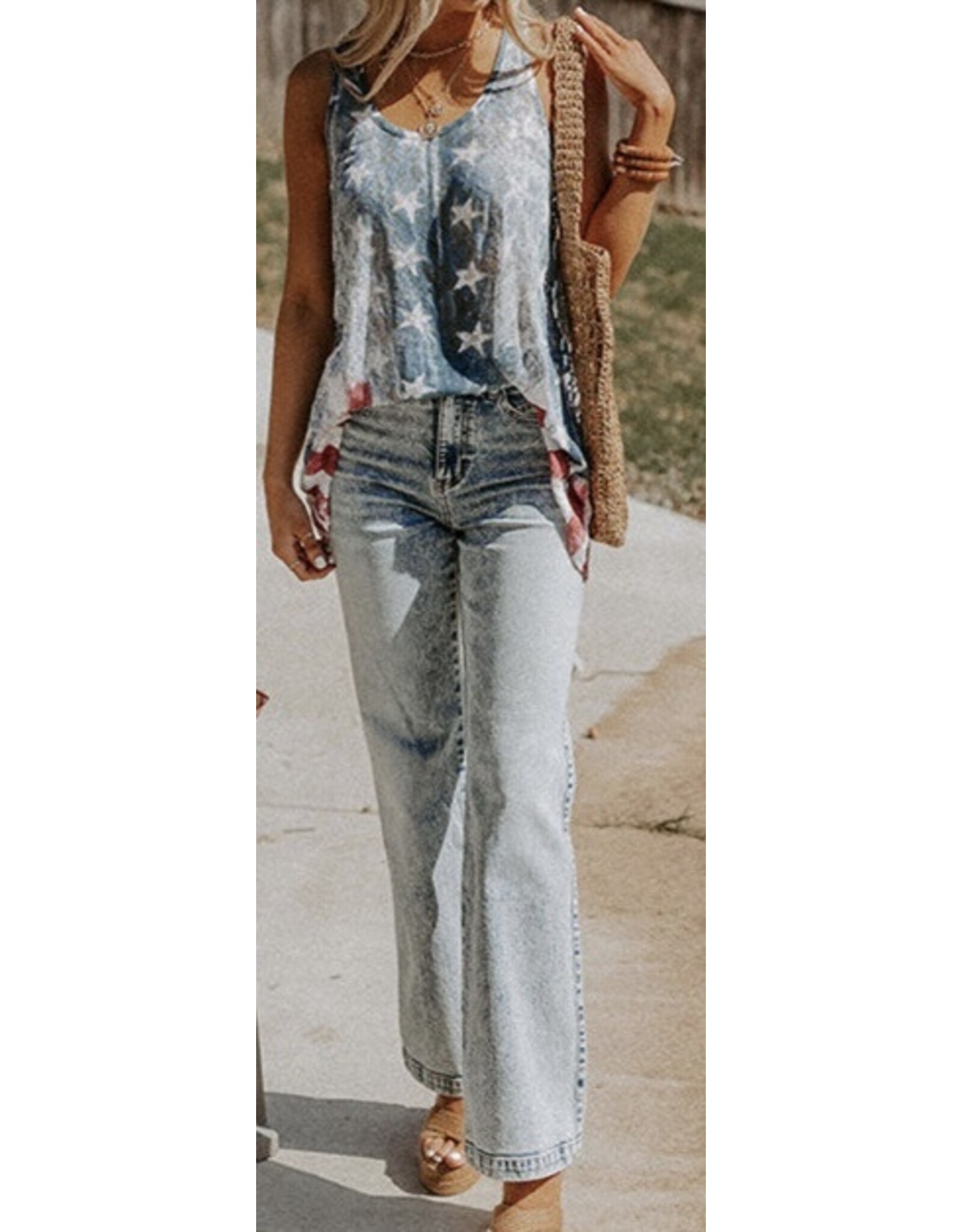 LATA Blue Vintage Wash Flag Tank Top