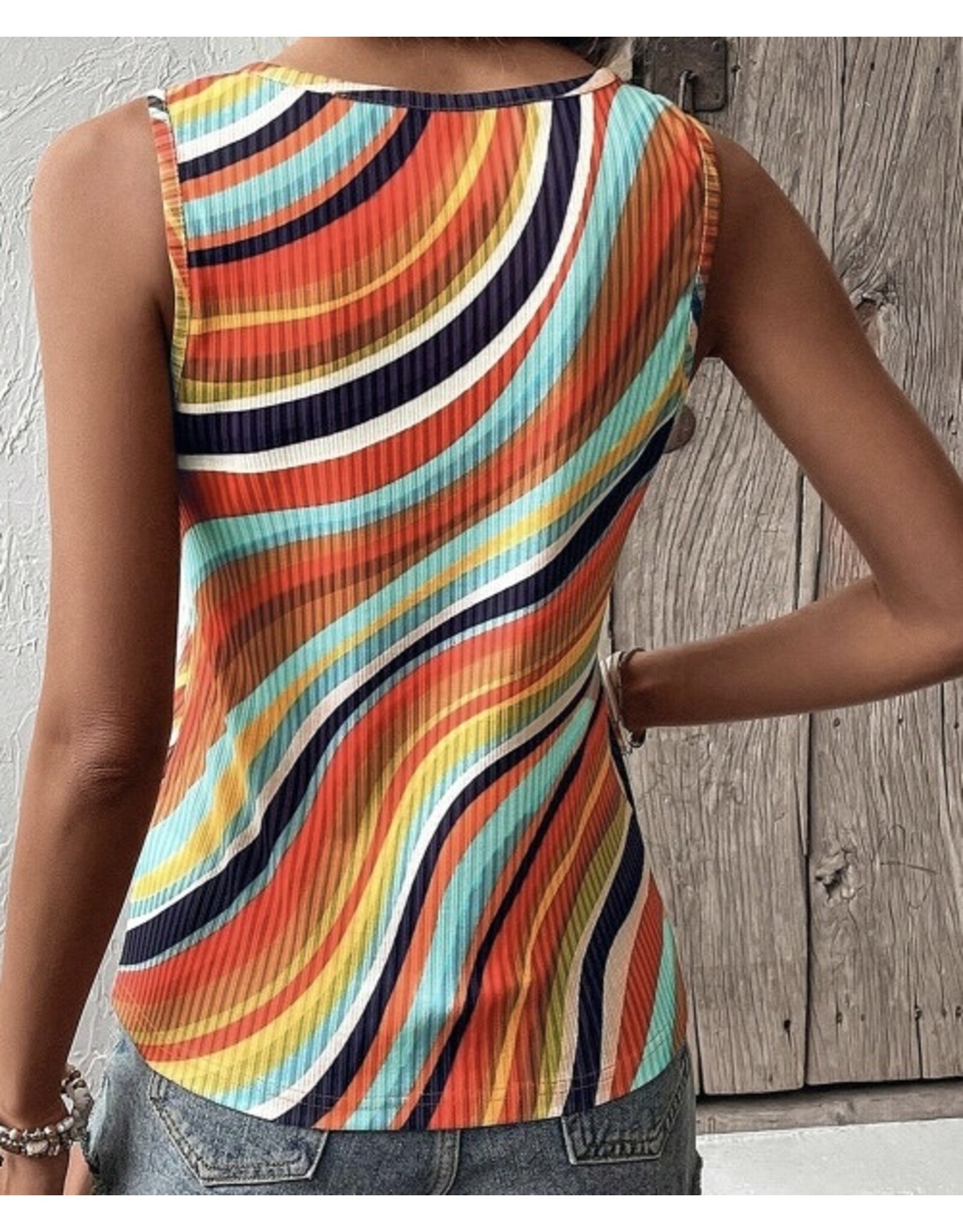 LATA Multicolour Wavy Striped  V Neck Tank