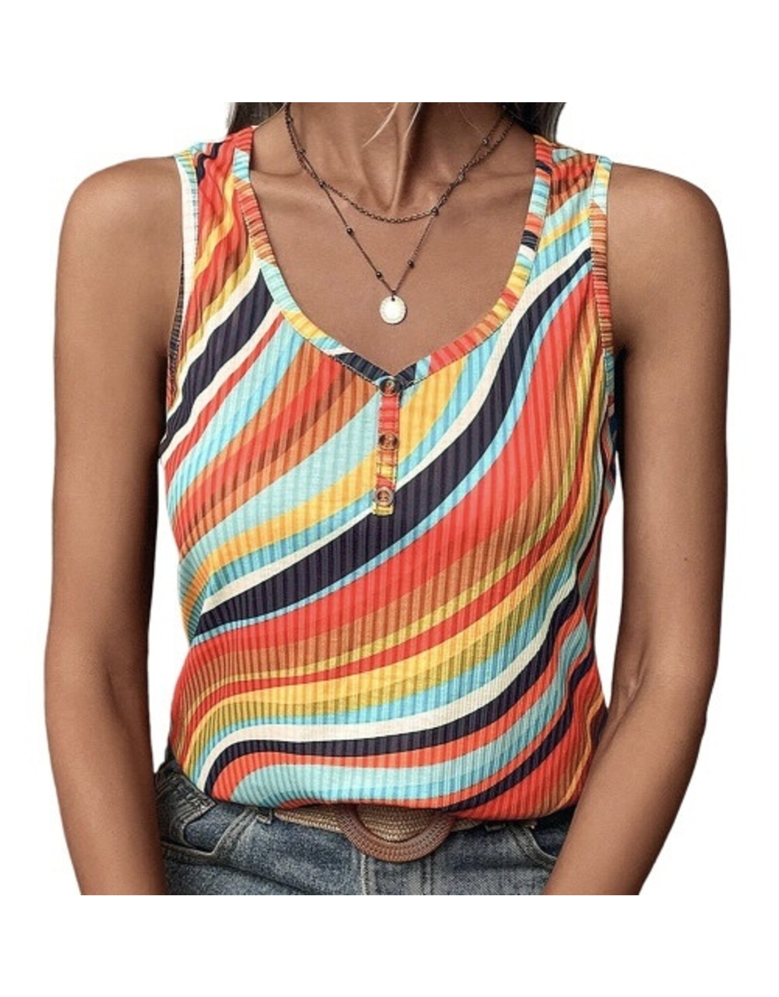 LATA Multicolour Wavy Striped  V Neck Tank