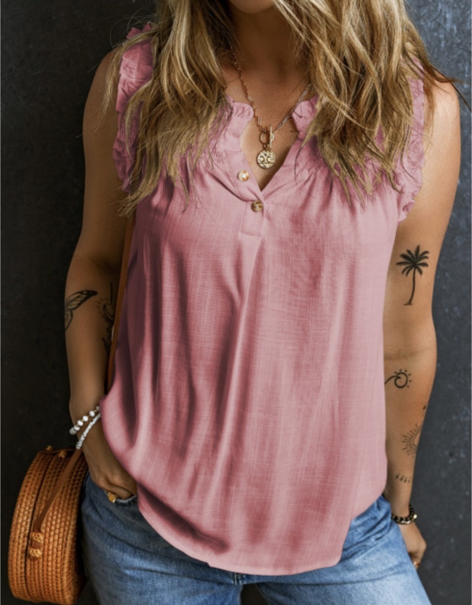LATA Split Neck Ruffled Tank